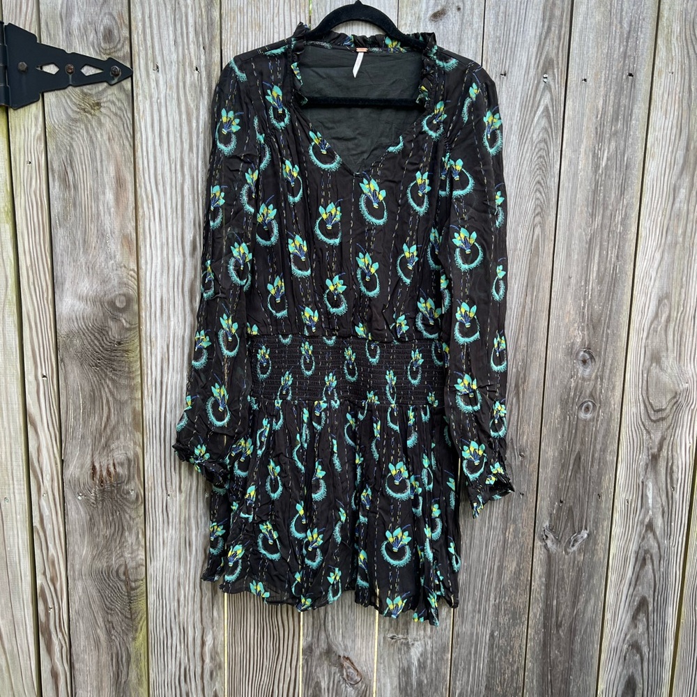FREE PEOPLE Black Long Sleeve Comb Dress Women’s Large Green NWT NEW